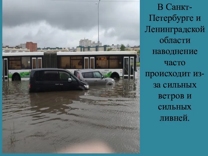 В Санкт-Петербурге и Ленинградской области наводнение часто происходит из-за сильных ветров и сильных ливней.