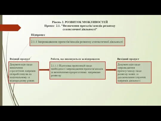 Рівень 2. РОЗВИТОК МОЖЛИВОСТЕЙ Процес 2.1. "Визначення проєктів/заходів розвитку статистичної діяльності" 2.1.1