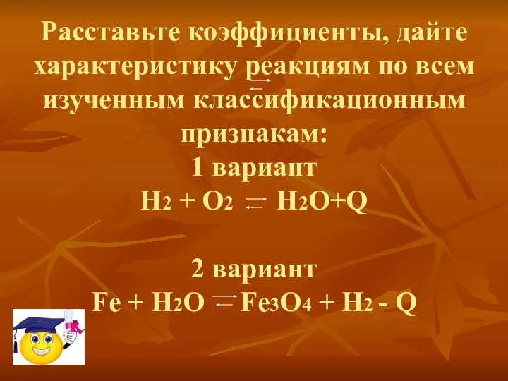 Расставьте коэффициенты, дайте характеристику реакциям по всем изученным классификационным признакам: 1 вариант