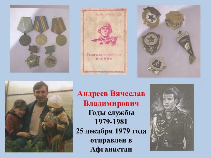 Андреев Вячеслав Владимирович Годы службы 1979-1981 25 декабря 1979 года отправлен в Афганистан