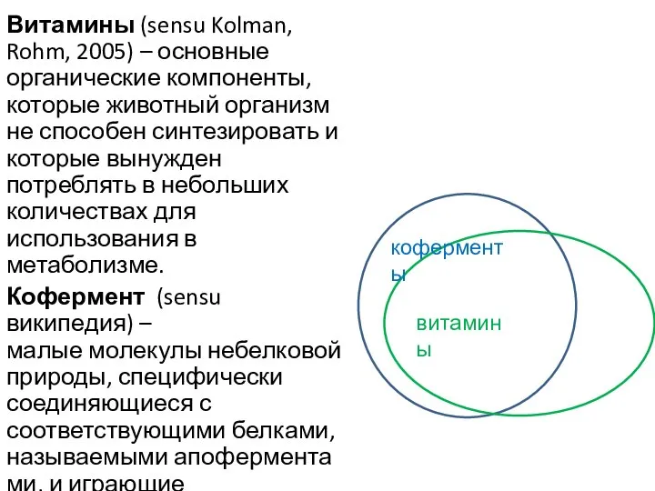 Витамины (sensu Kolman, Rohm, 2005) – основные органические компоненты, которые животный организм