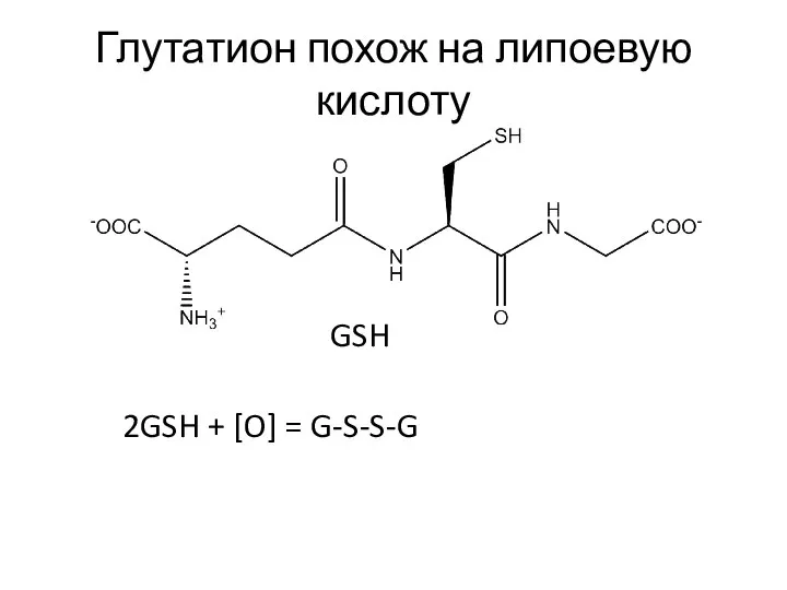 Глутатион похож на липоевую кислоту 2GSH + [O] = G-S-S-G GSH