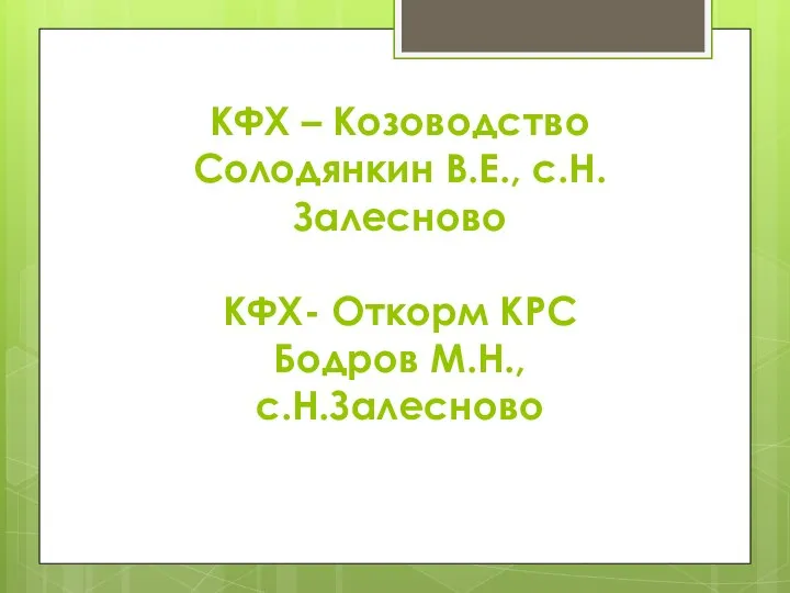 КФХ – Козоводство Солодянкин В.Е., с.Н.Залесново КФХ- Откорм КРС Бодров М.Н., с.Н.Залесново