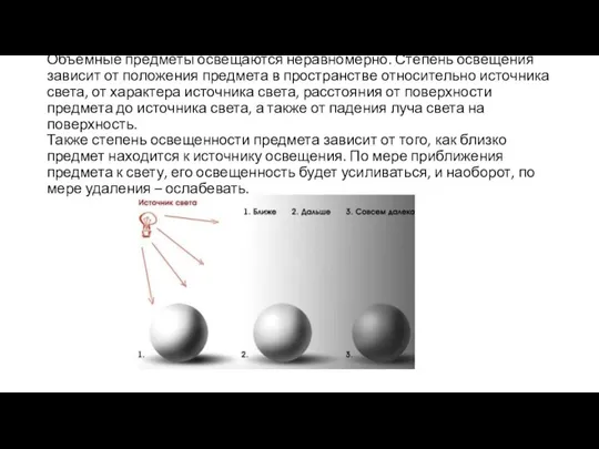 Объемные предметы освещаются неравномерно. Степень освещения зависит от положения предмета в пространстве