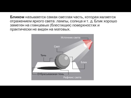 Бликом называется самая светлая часть, которая является отражением яркого света: лампы, солнца