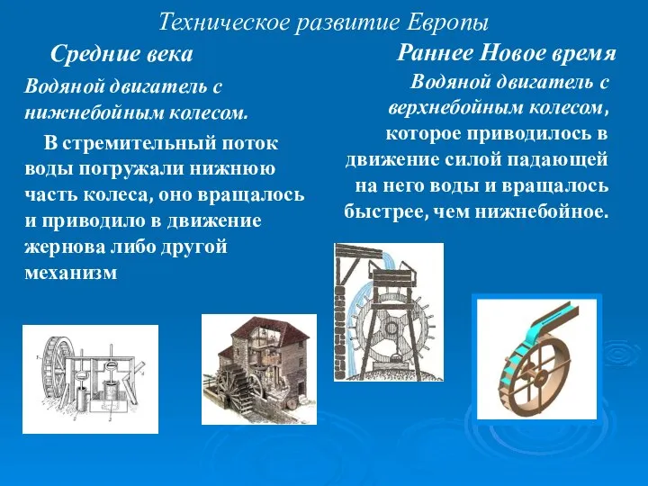 Техническое развитие Европы Средние века Раннее Новое время Водяной двигатель с нижнебойным