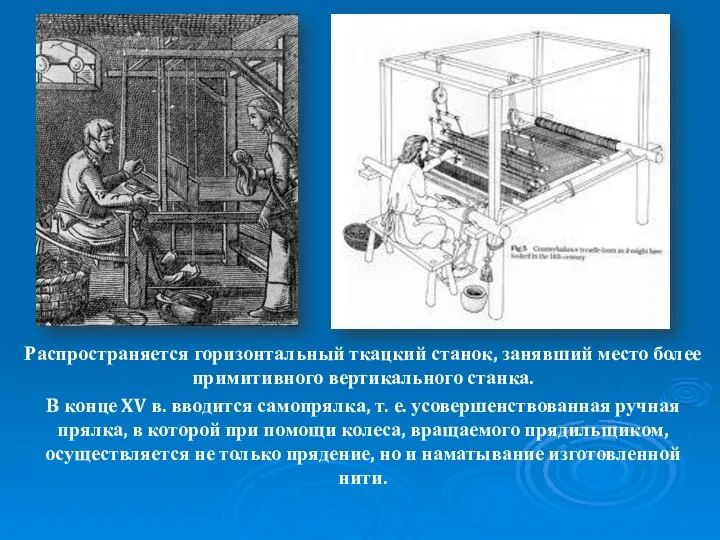 Распространяется горизонтальный ткацкий станок, занявший место более примитивного вертикального станка. В конце