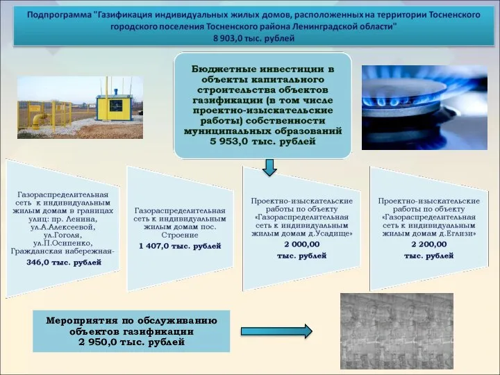 Мероприятия по обслуживанию объектов газификации 2 950,0 тыс. рублей