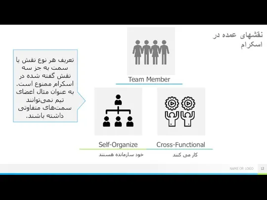 نقشهای عمده در اسکرام Team Member Self-Organize Cross-Functional خود سازمانده هستند کار