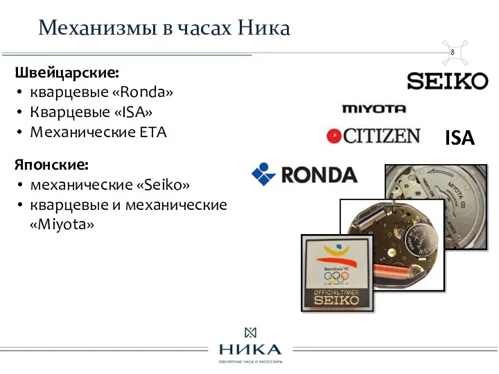 Механизмы в часах Ника Швейцарские: кварцевые «Ronda» Кварцевые «ISA» Механические ETA Японские: