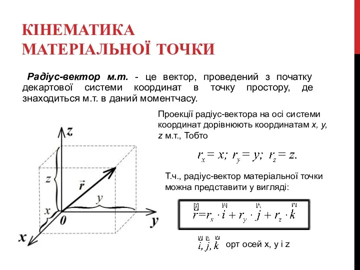 КІНЕМАТИКА МАТЕРІАЛЬНОЇ ТОЧКИ Радіус-вектор м.т. - це вектор, проведений з початку декартової