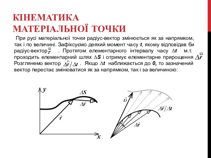 КІНЕМАТИКА МАТЕРІАЛЬНОЇ ТОЧКИ При русі матеріальної точки радіус-вектор змінюється як за напрямком,