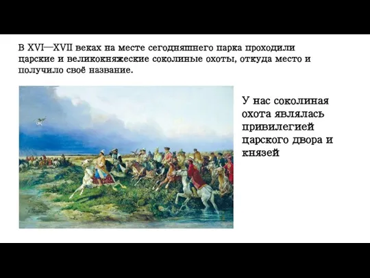 В XVI—XVII веках на месте сегодняшнего парка проходили царские и великокняжеские соколиные