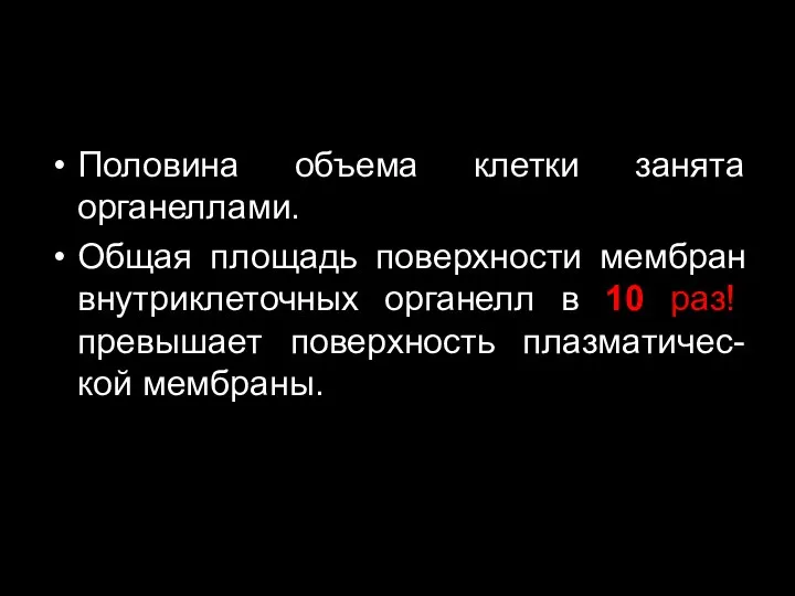 Половина объема клетки занята органеллами. Общая площадь поверхности мембран внутриклеточных органелл в