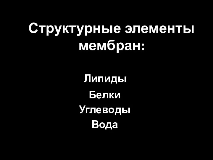 Структурные элементы мембран: Липиды Белки Углеводы Вода