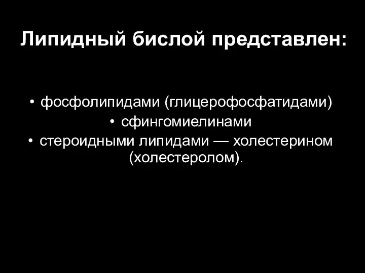 Липидный бислой представлен: фосфолипидами (глицерофосфатидами) сфингомиелинами стероидными липидами — холестерином (холестеролом).