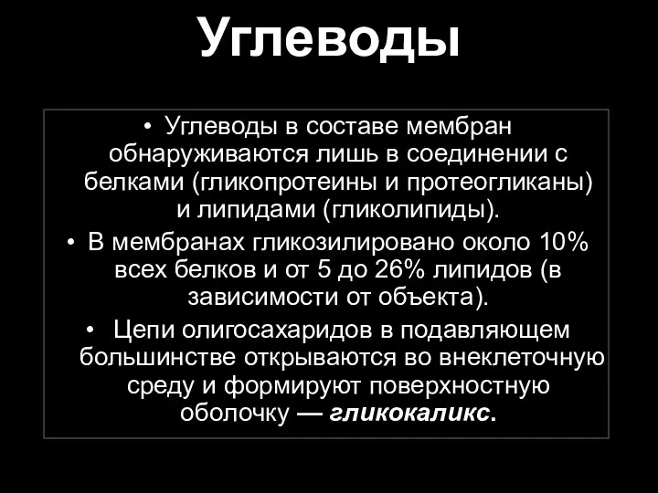 Углеводы Углеводы в составе мембран обнаруживаются лишь в соединении с белками (гликопротеины