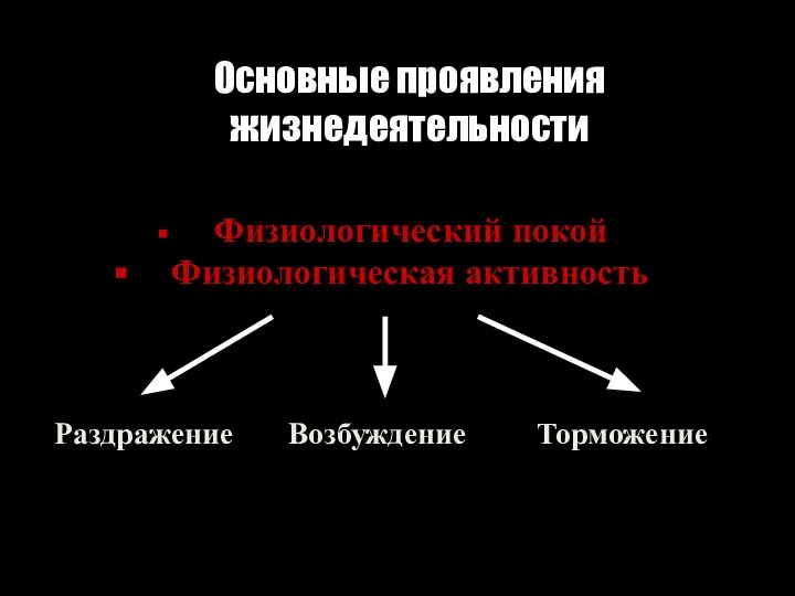 Основные проявления жизнедеятельности Физиологический покой Физиологическая активность Раздражение Возбуждение Торможение