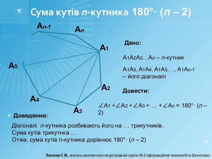 Сума кутів п-кутника 180°· (п – 2) Лискова С.М., вчитель математики спеціалізованої
