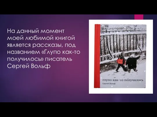 На данный момент моей любимой книгой является рассказы, под названием «Глупо как-то получилось» писатель Сергей Вольф