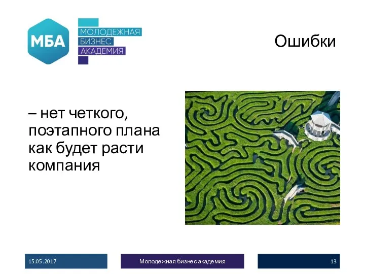 Ошибки 15.05.2017 Молодежная бизнес академия – нет четкого, поэтапного плана как будет расти компания