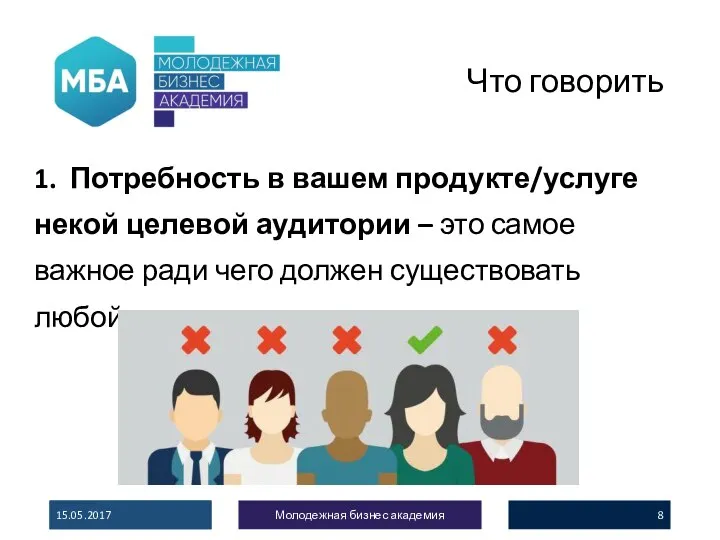 Что говорить 1. Потребность в вашем продукте/услуге некой целевой аудитории – это