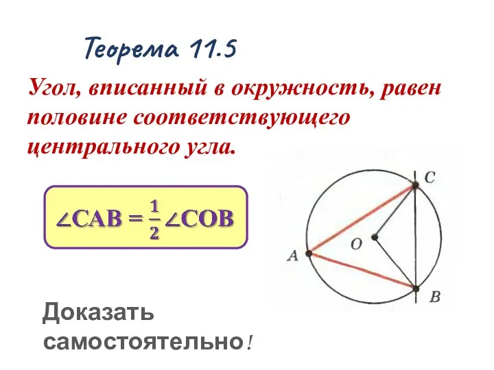 Теорема 11.5 Угол, вписанный в окружность, равен половине соответствующего центрального угла. Доказать самостоятельно!