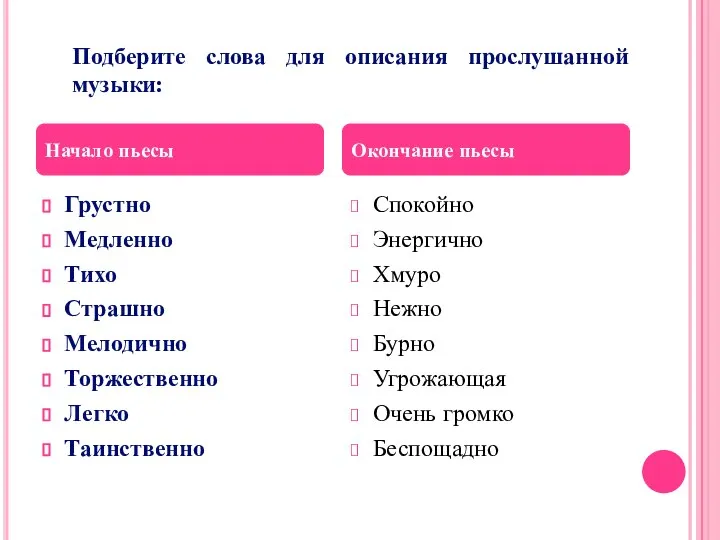 Подберите слова для описания прослушанной музыки: Грустно Медленно Тихо Страшно Мелодично Торжественно