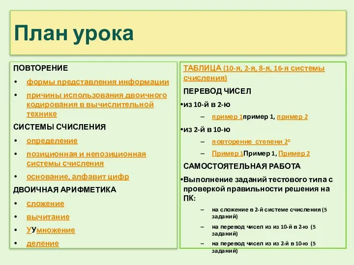 План урока ПОВТОРЕНИЕ формы представления информации причины использования двоичного кодирования в вычислительной