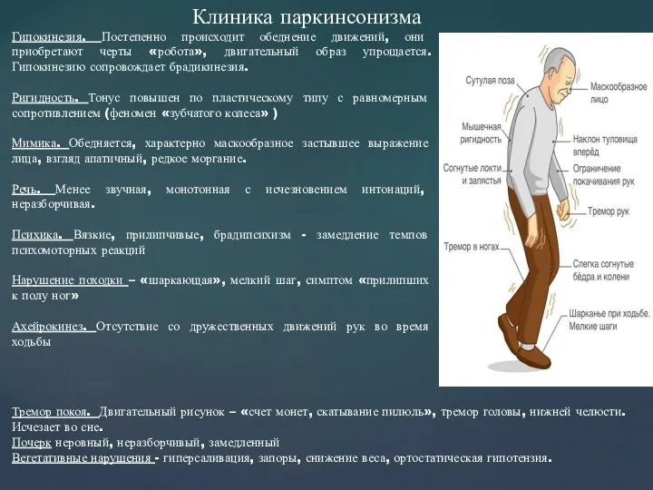 Гипокинезия. Постепенно происходит обеднение движений, они приобретают черты «робота», двигательный образ упрощается.