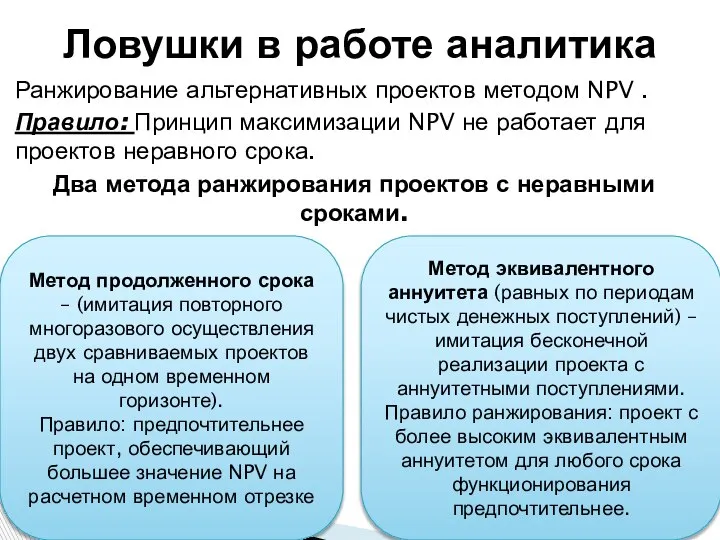 Ранжирование альтернативных проектов методом NPV . Правило: Принцип максимизации NPV не работает