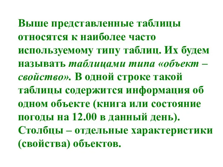 Выше представленные таблицы относятся к наиболее часто используемому типу таблиц. Их будем