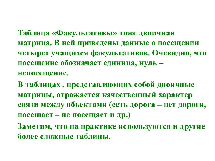 Таблица «Факультативы» тоже двоичная матрица. В ней приведены данные о посещении четырех