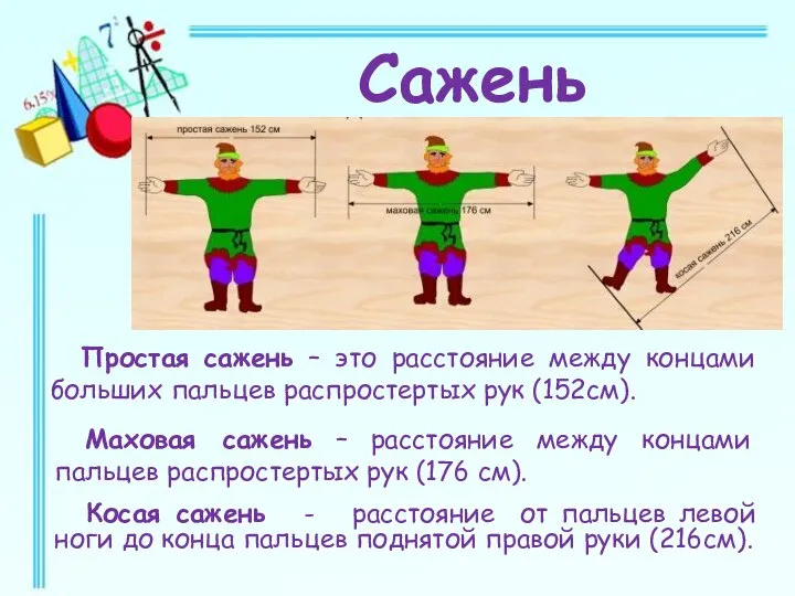 Простая сажень – это расстояние между концами больших пальцев распростертых рук (152см).