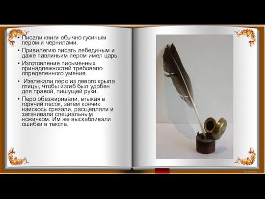 Писали книги обычно гусиным пером и чернилами. Привилегию писать лебединым и даже