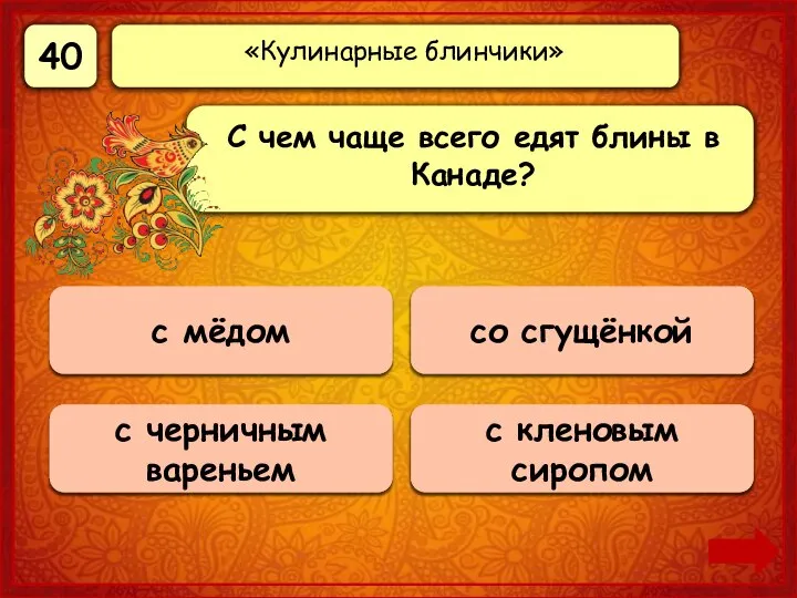 40 Верно! 40 баллов с кленовым сиропом 0 баллов с мёдом 0