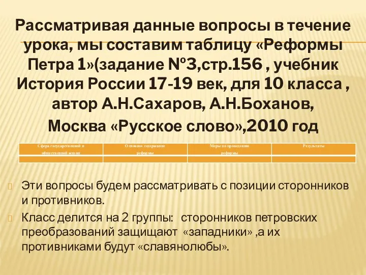 Рассматривая данные вопросы в течение урока, мы составим таблицу «Реформы Петра 1»(задание