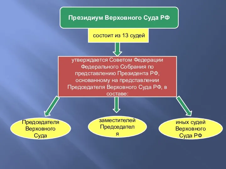 Президиум Верховного Суда РФ состоит из 13 судей утверждается Советом Федерации Федерального