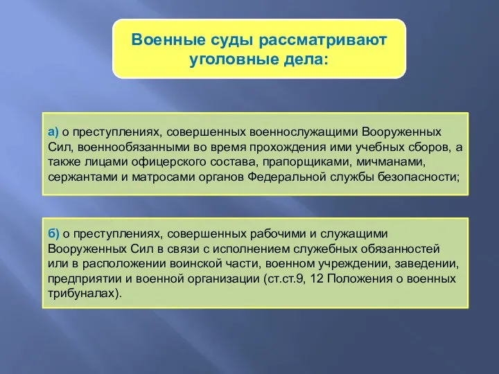 Военные суды рассматривают уголовные дела: а) о преступлениях, совершенных военнослужащими Вооруженных Сил,