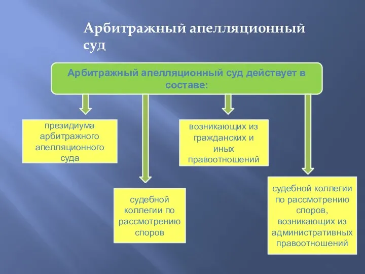 Арбитражный апелляционный суд действует в составе: президиума арбитражного апелляционного суда судебной коллегии