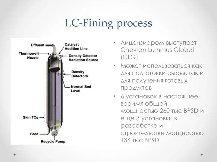 LC-Fining process Лицензиаром выступает Chevron Lummus Global (CLG) Может использоваться как для