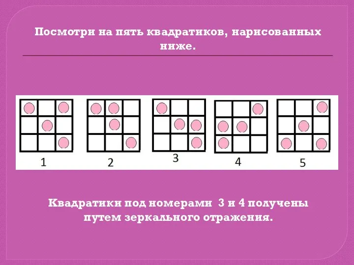 Посмотри на пять квадратиков, нарисованных ниже. Квадратики под номерами 3 и 4 получены путем зеркального отражения.