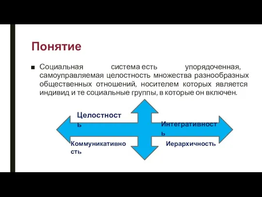 Понятие Социальная система есть упорядоченная, самоуправляемая целостность множества разнообразных общественных отношений, носителем