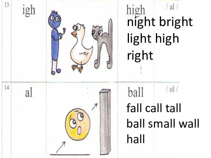 night bright light high right fall call tall ball small wall hall