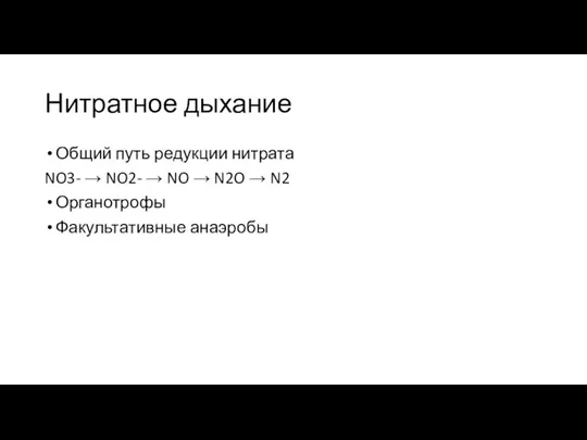 Нитратное дыхание Общий путь редукции нитрата NO3- → NO2- → NO →