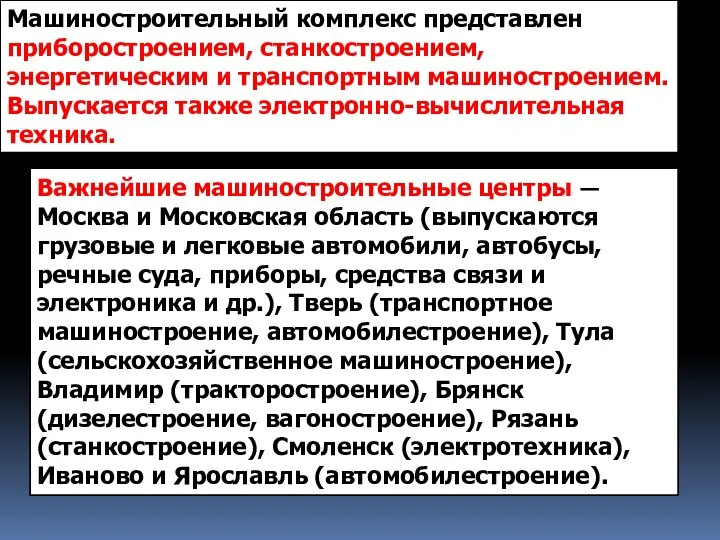 Машиностроительный комплекс представлен приборостроением, станкостроением, энергетическим и транспортным машиностроением. Выпускается также электронно-вычислительная