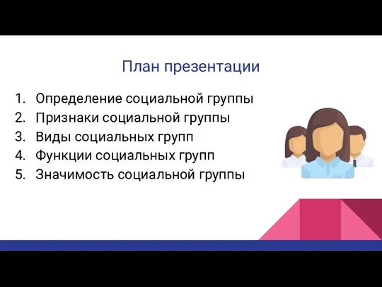 План презентации Определение социальной группы Признаки социальной группы Виды социальных групп Функции