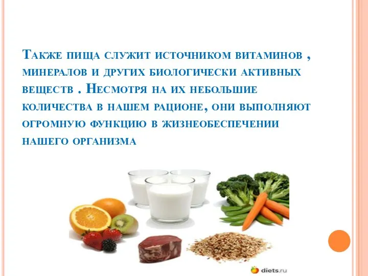 Также пища служит источником витаминов , минералов и других биологически активных веществ