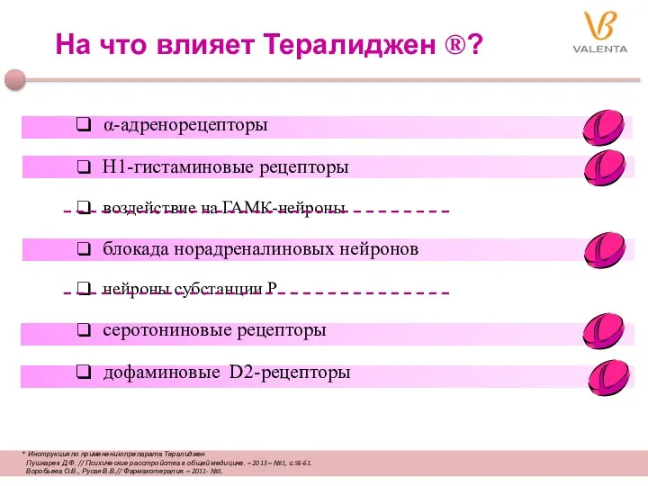 α-адренорецепторы Н1-гистаминовые рецепторы воздействие на ГАМК-нейроны блокада норадреналиновых нейронов нейроны cубстанции P