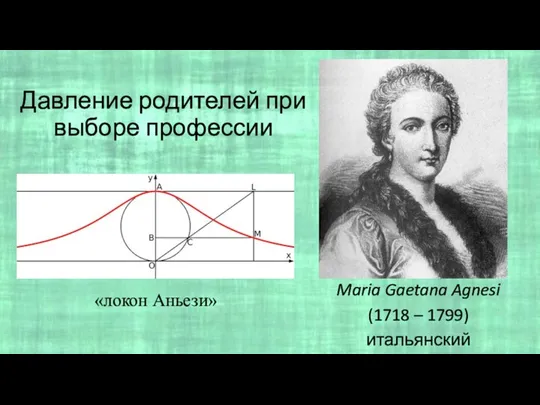 Давление родителей при выборе профессии Maria Gaetana Agnesi (1718 – 1799) итальянский математик «локон Аньези»